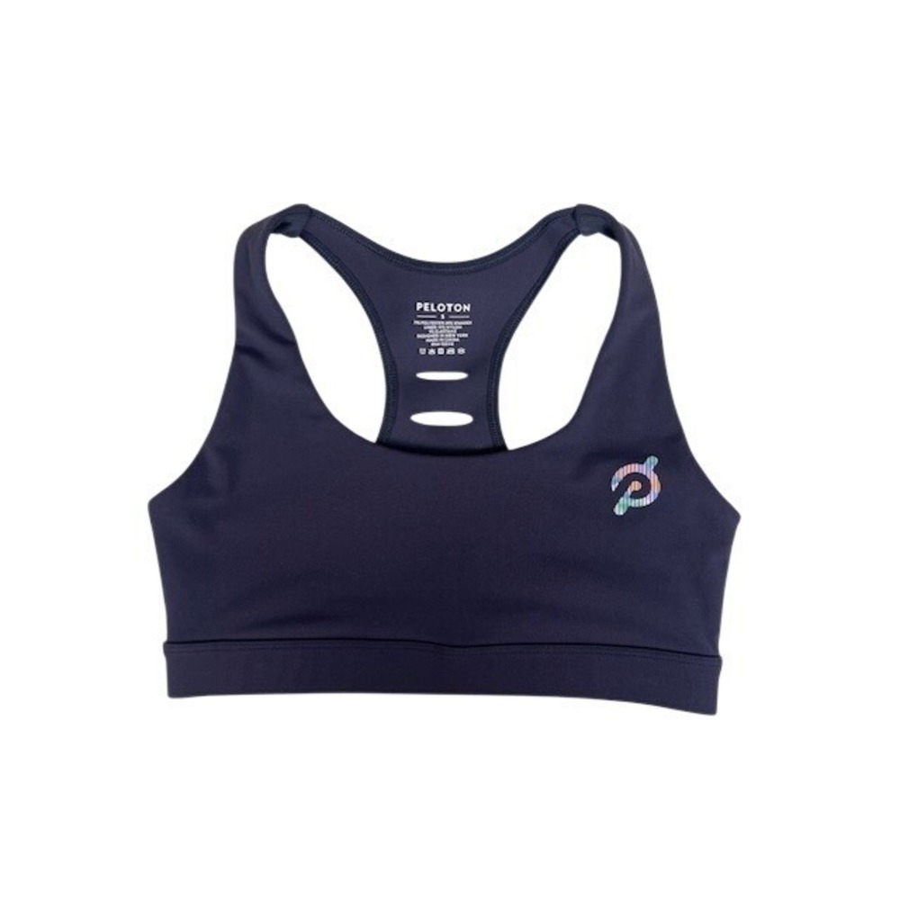 Peloton Womens Navy Blue Racerback Sports Bra Rainbow Logo Laser‎ Cut Small